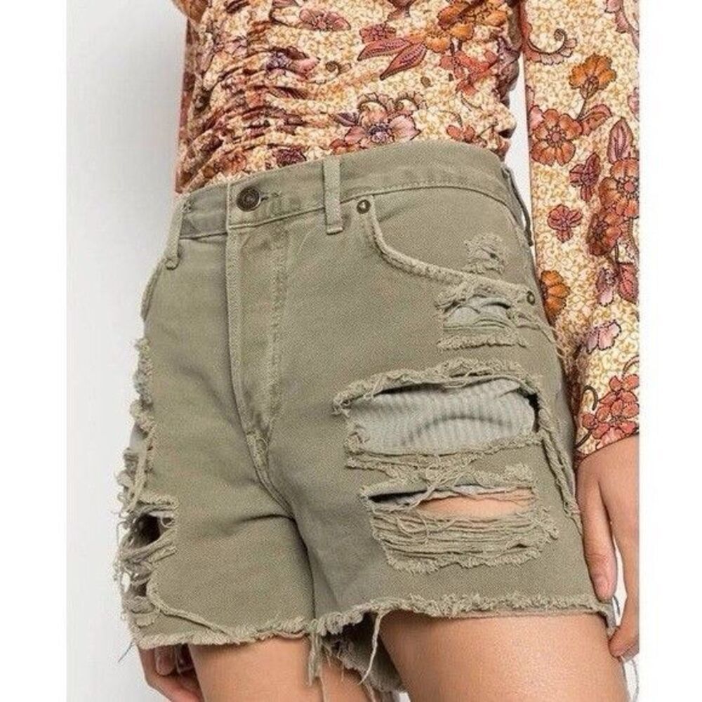 Free People We The Free Sage Green Distressed Denim Shorts 29 Raw Hem Cutoffs
